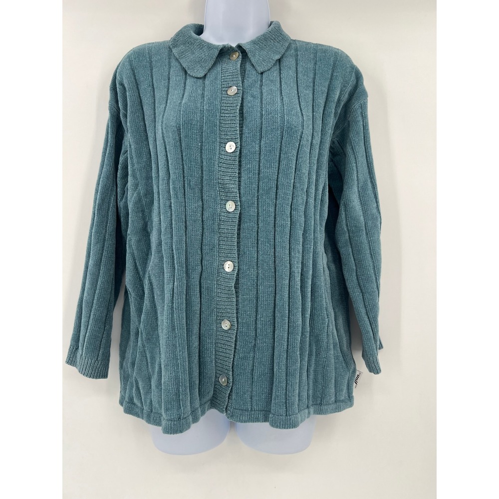 UNIF Women Small Blue Bean Ribbed Knit Button Up Cardigan Collared Sweater